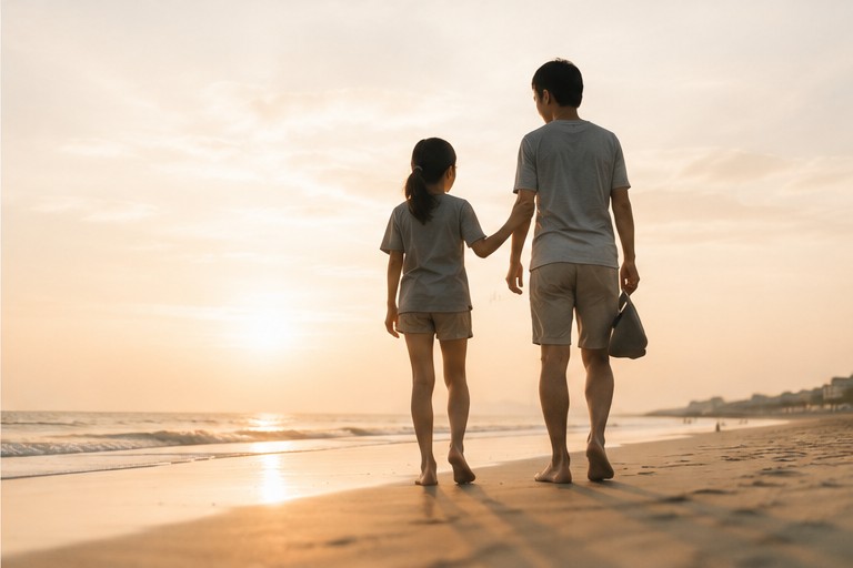 夕暮れの浜辺で手をつなぐ親子の後ろ姿